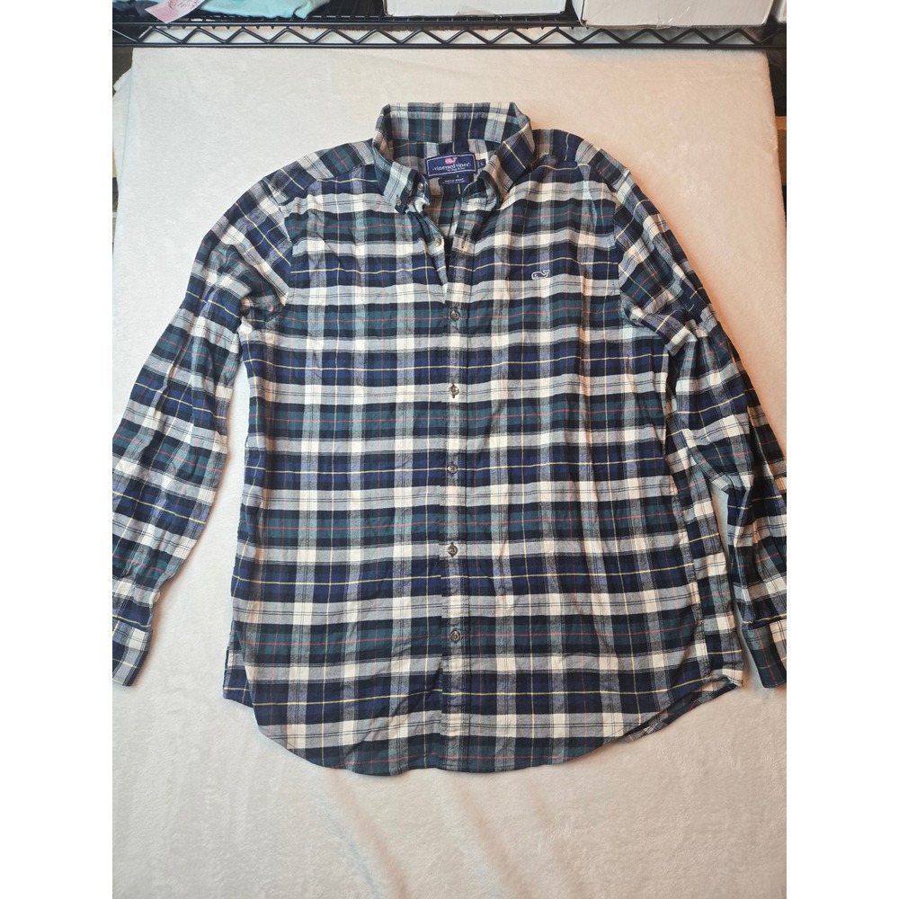 Vineyard Vines Whale Shirt Mens L Blue Green Plaid Cotton Stretch Button Down